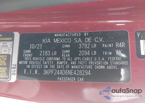 2022 Kia Forte Lxs z USA, uszkodzony, nr VIN 3KPF24AD6NE428294